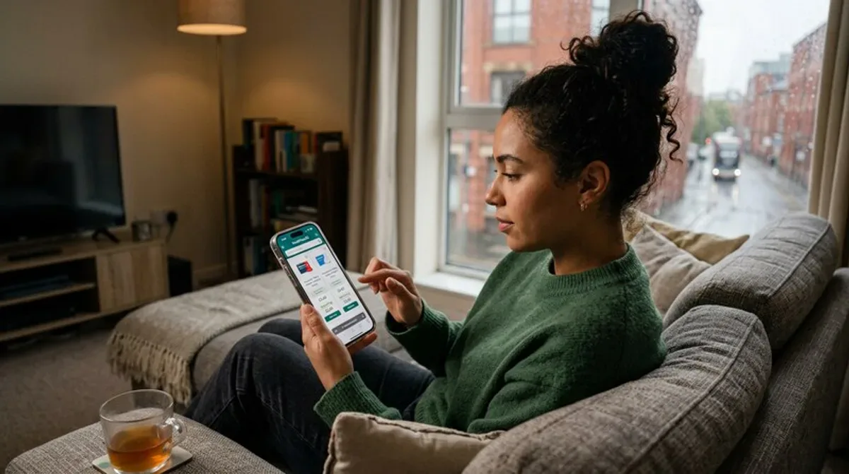 Woman on phone comparing medical cannabis prices - prescription savings app UK Manchester